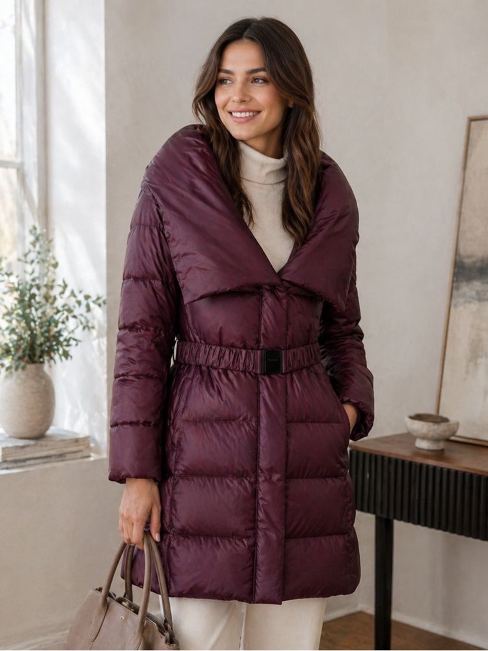 T Tahari Deep Plum Quilted Puffer Coat with Sculpted Collar